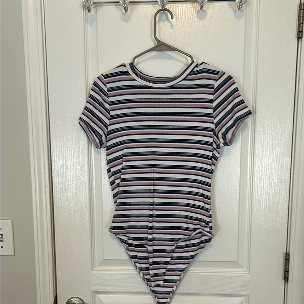 Black and White Striped Bodysuit with Short Sleeves